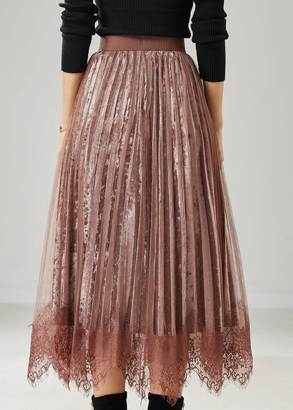 Modern Brown Patchwork Lace Silk Velvet Pleated Skirts Spring AZ1039 shopify