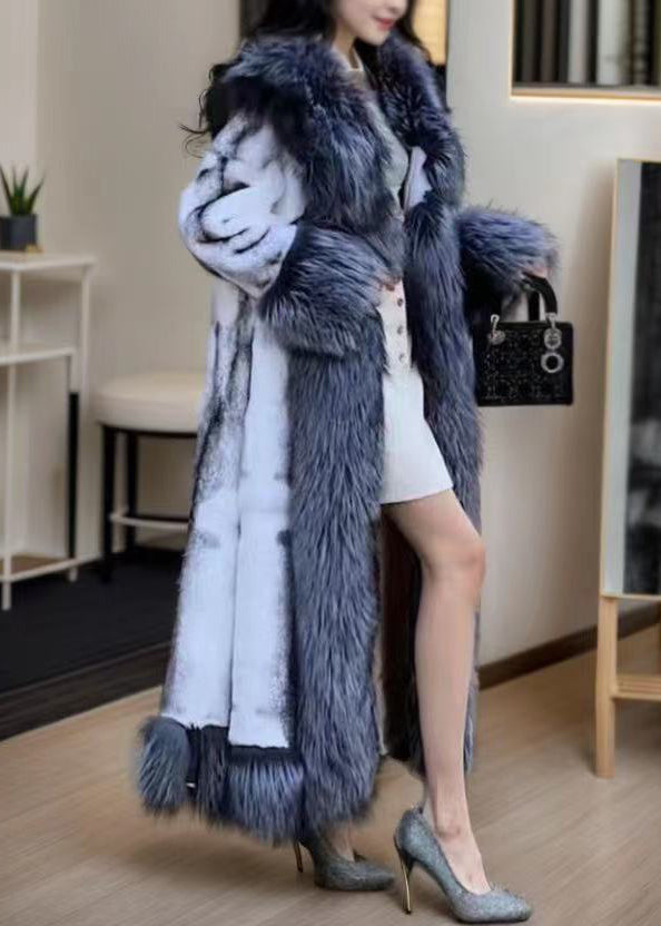 Natural White Fox Collar Tie Waist Leather And Fur Maxi Coats Winter RY013 ABC