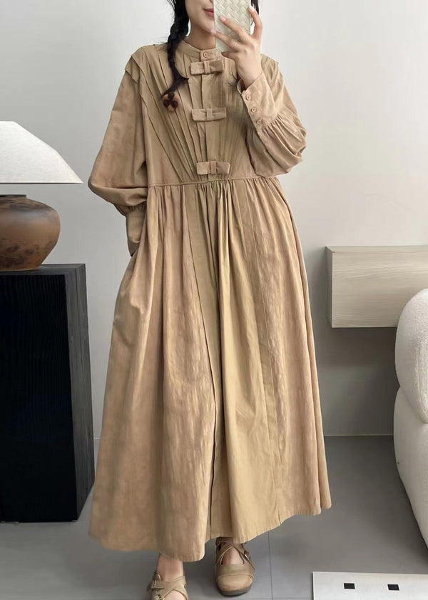Khaki Pockets Solid Cotton Dresses Stand Collar Spring NN006 shopify