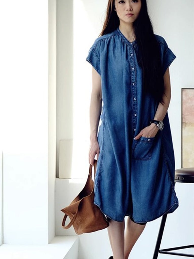 Plus Size Women Summer Casual Solid Blue Denim Dress HH030 MLXY