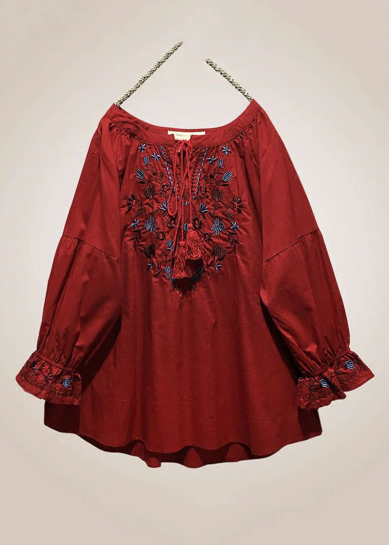 Grace Red Embroidered Lace Up Cotton Shirt Long Sleeve QR025 GSK-240929