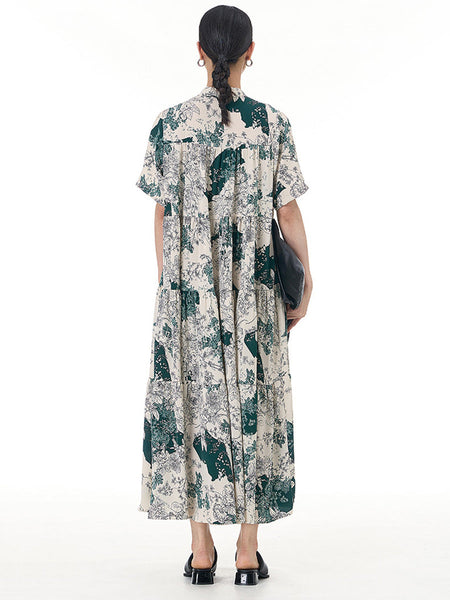 Women Summer Artsy Flower Spliced Loose Tiered Dress CC019 ZMMM