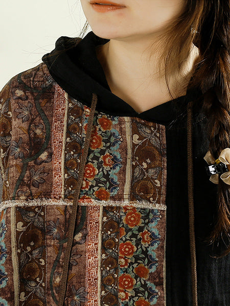 Women Autumn Vintage Flower Spliced Hooded Cotton Vest AI1037 BUYKUD