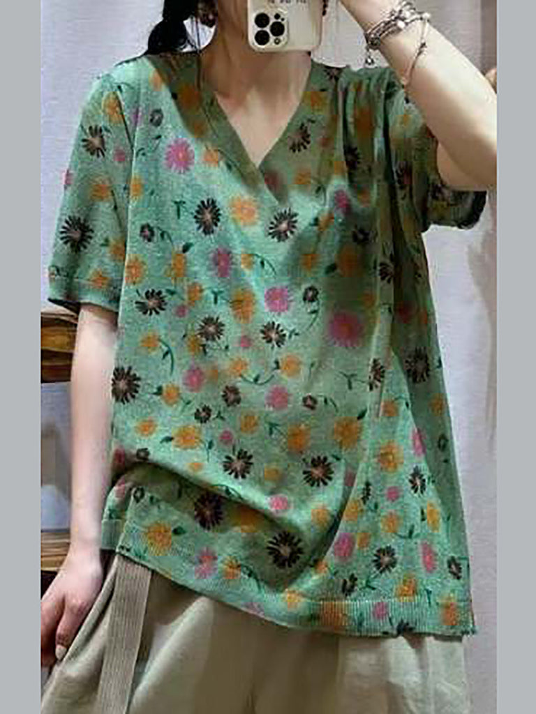 Women Casual Flower Summer V-Neck Loose Pullover Shirt QW1028 Ada Fashion