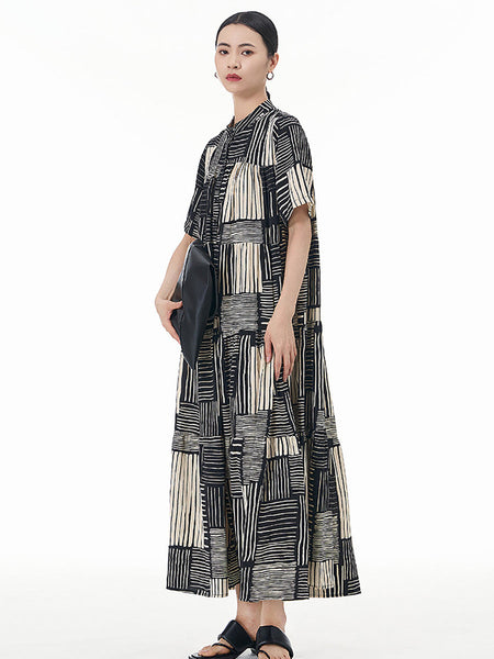 Women Summer Artsy O-Neck Stripe Loose Tiered Dress CC020 AYFZ