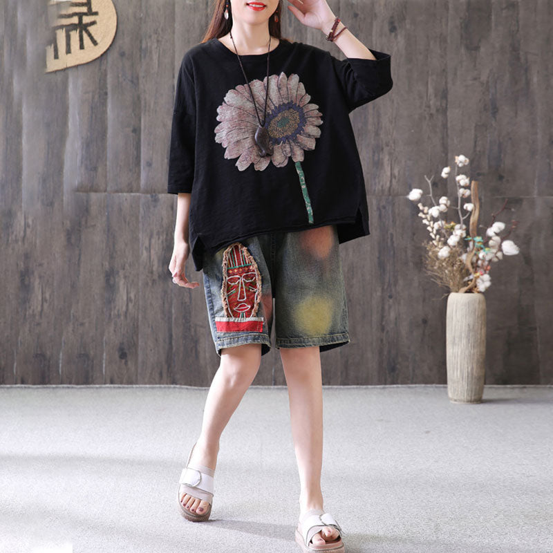 Plus Size Short Sleeve Sunflower Printed T-shirt QW1052 Ada Fashion