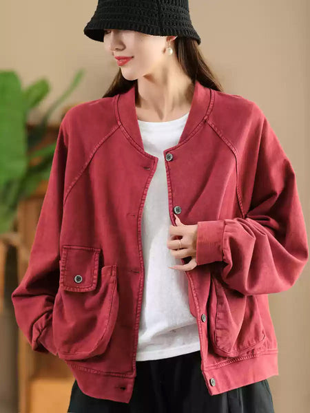 Women Retro Pure Color Stand Collar Pocket Cotton Coat AX1008 Genistyle Shop