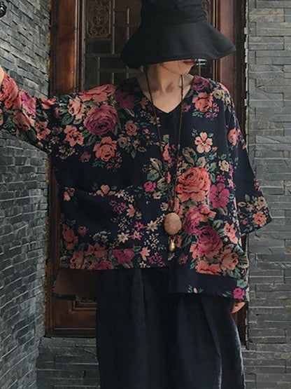 Plus Size Floral V-neck Long Sleeve Cotton Blouse Shirt OO1030 Buykud