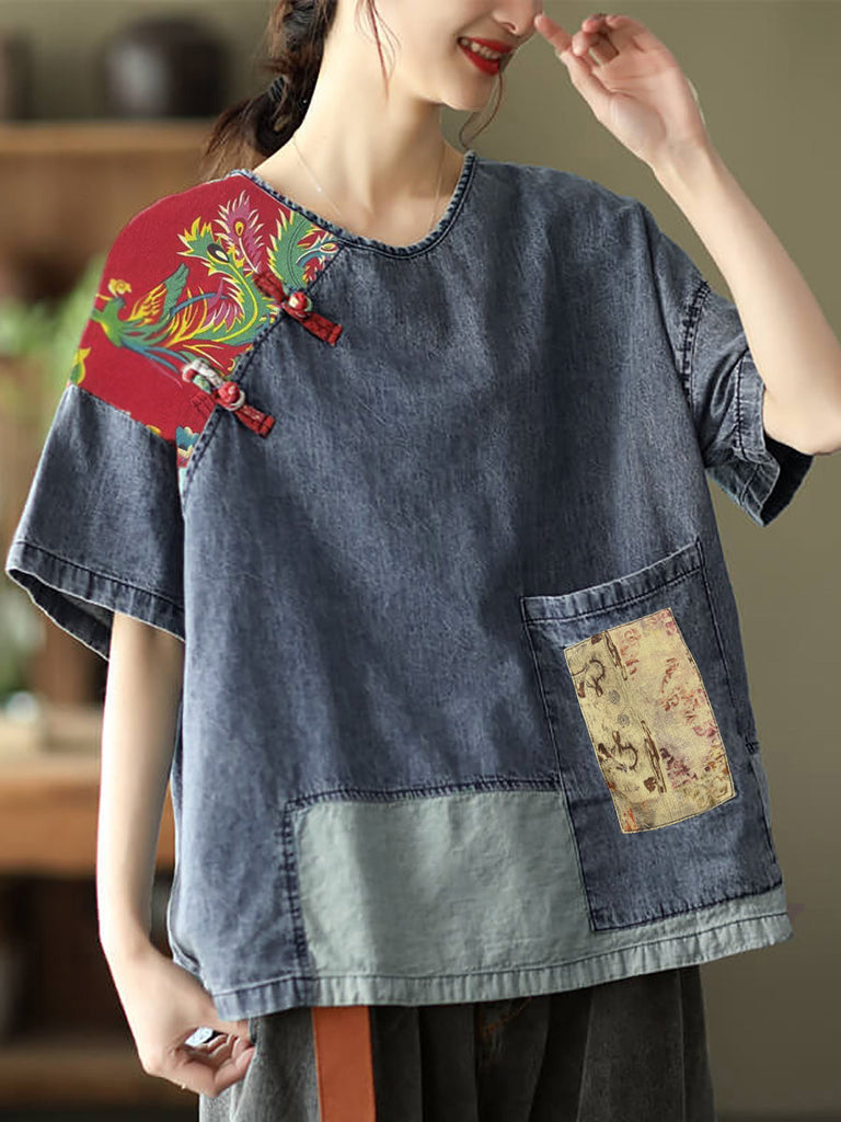 Plus Size Women Summer Vintage Spliced Denim Shirt SC1031 Ada Fashion