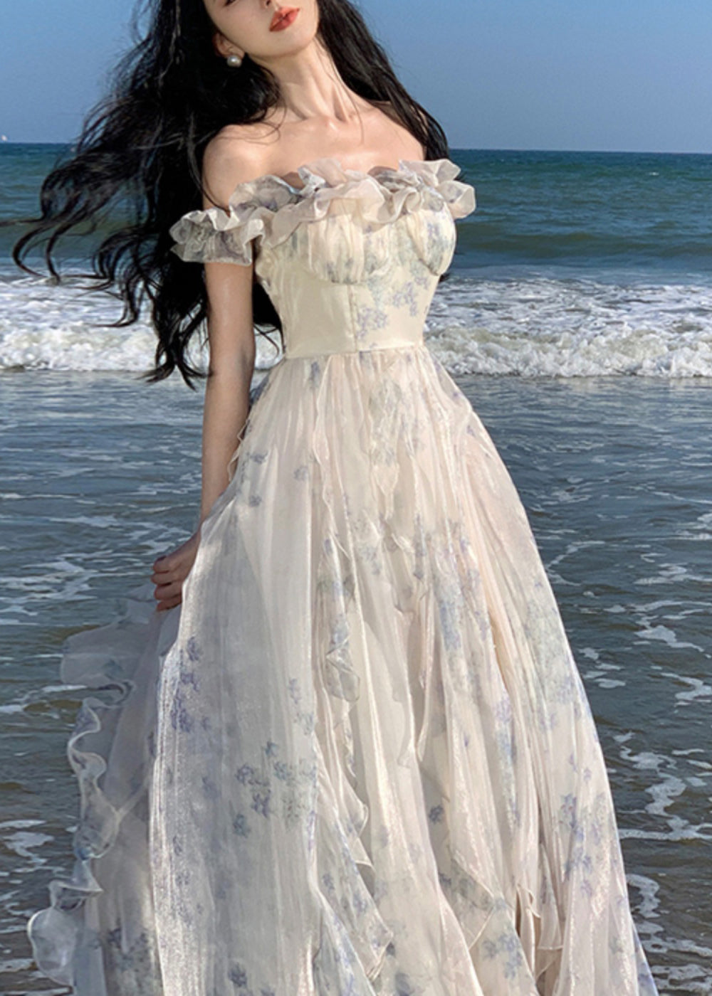 Fashion Ruffled Print Patchwork Chiffon Long Dresses Summer TT1020 shopify