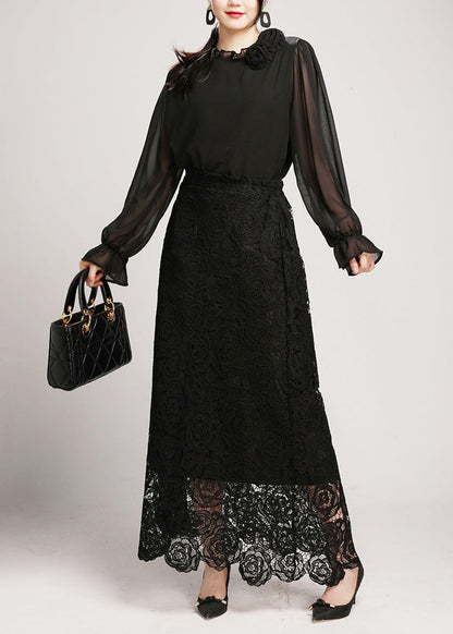 Black Lace Shirts And Maxi Skirts Two Pieces Set V Neck Long Sleeve AO1042 JDML-TPIEC240909