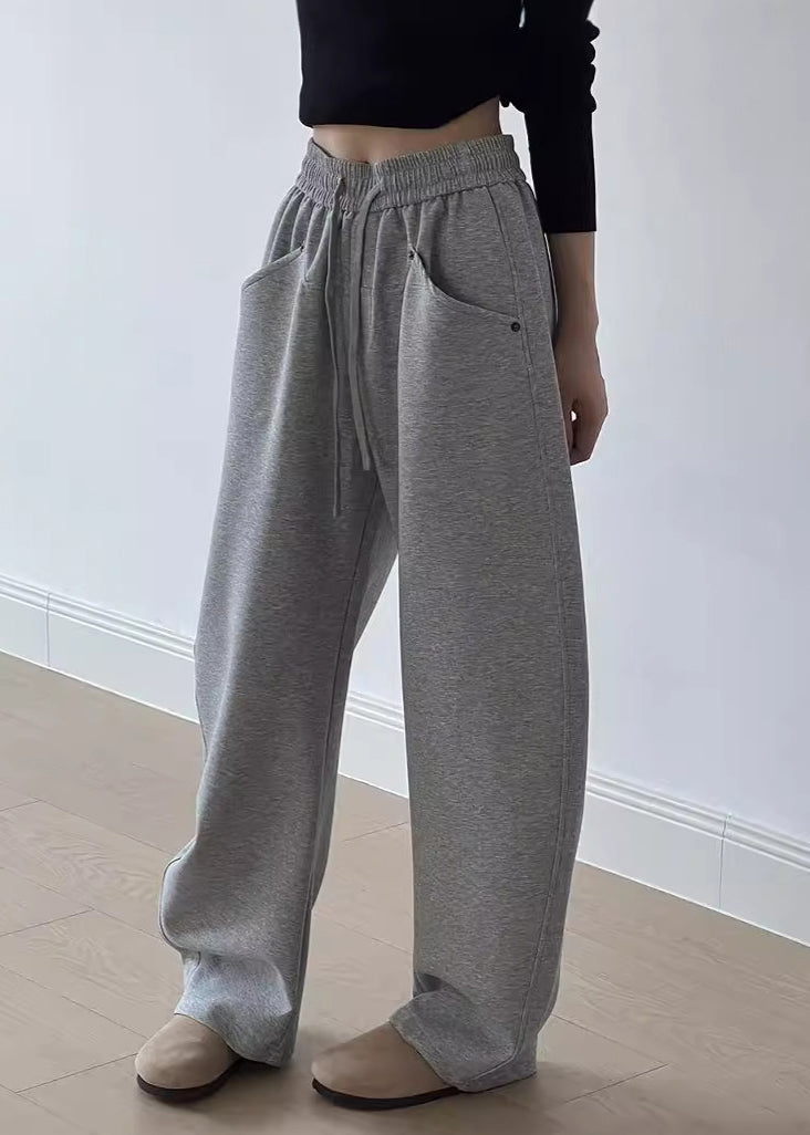 Casual Grey Pockets Drawstring Elastic Waist Cotton Pants Fall AF1072 HS-LPTS240914