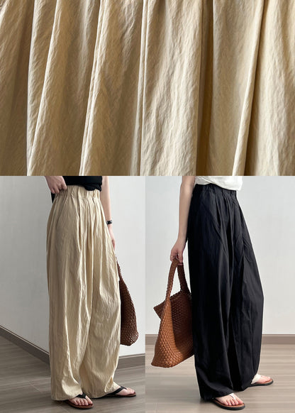 Black Pockets Cotton Wide Leg Pants Elastic Waist Wrinkled Fall AF1079 HS-LPTS240914