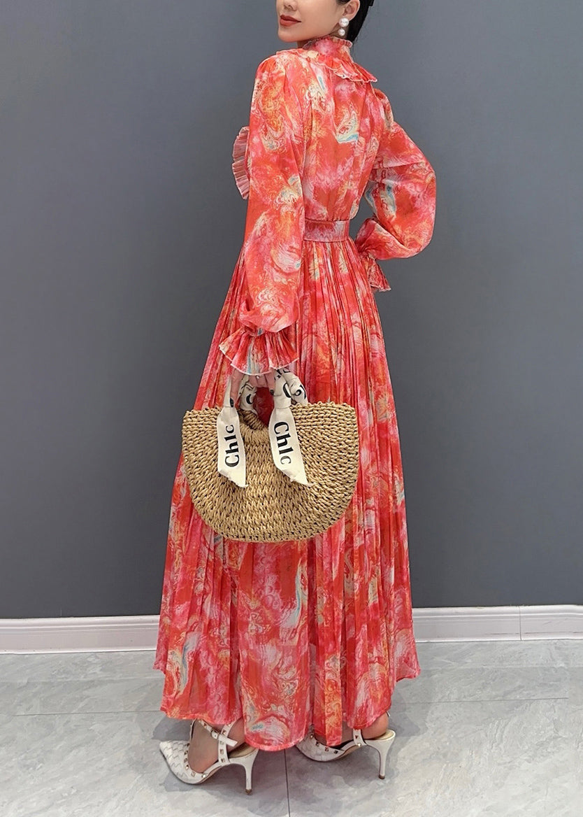 Fitted Blue Ruffled Print Sashes Chiffon Dresses Long Sleeve AO1071 JDML-FDL240909