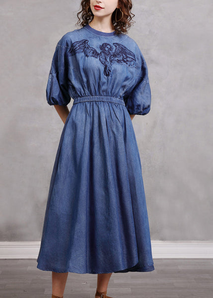 Vintage Blue Embroidered Elastic Waist Long Denim Dress Lantern Sleeve NN024 shopify