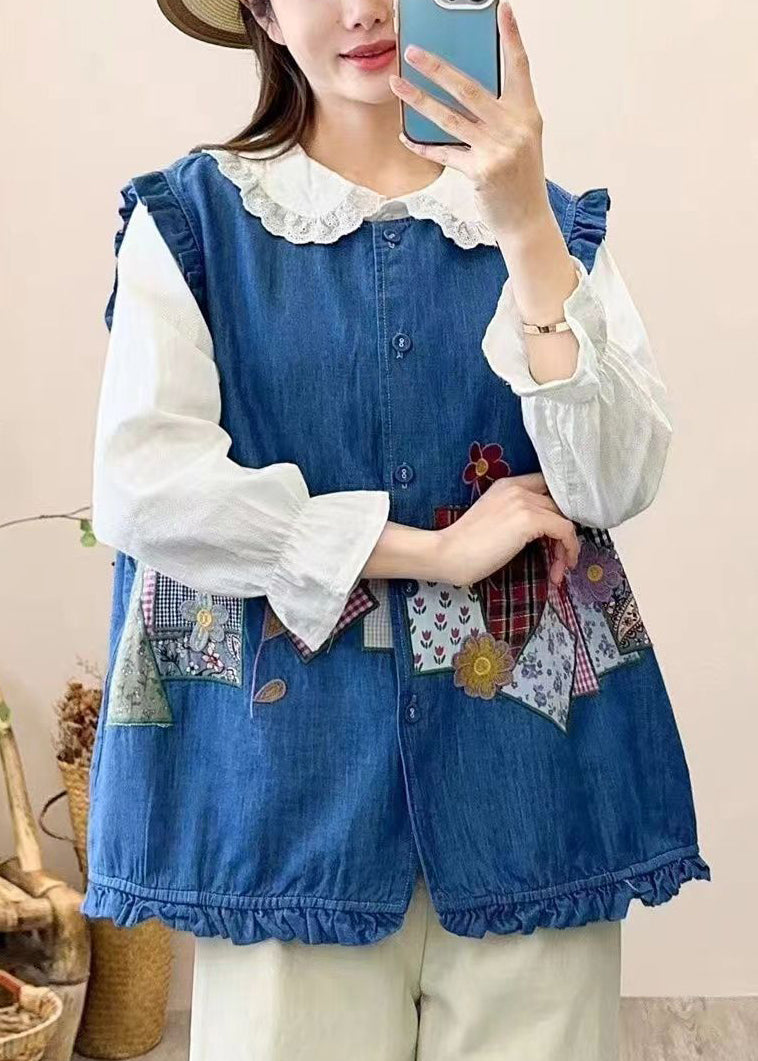 Cute Navy Embroidered Patchwork Button Waistcoat Sleeveless NN038 shopify