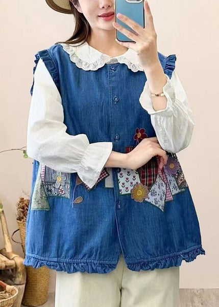 Cute Navy Embroidered Patchwork Button Waistcoat Sleeveless NN038 shopify