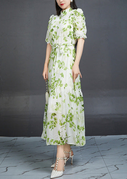 Bohemian Green Wrinkled Print Tie Waist Chiffon Dress Summer AJ1002 JDML-240909