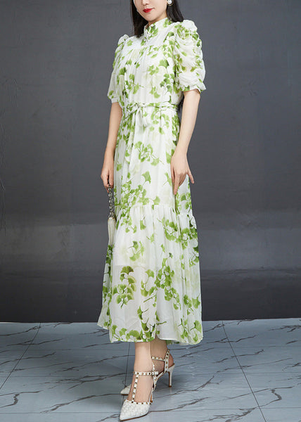 Bohemian Green Wrinkled Print Tie Waist Chiffon Dress Summer AJ1002 JDML-240909