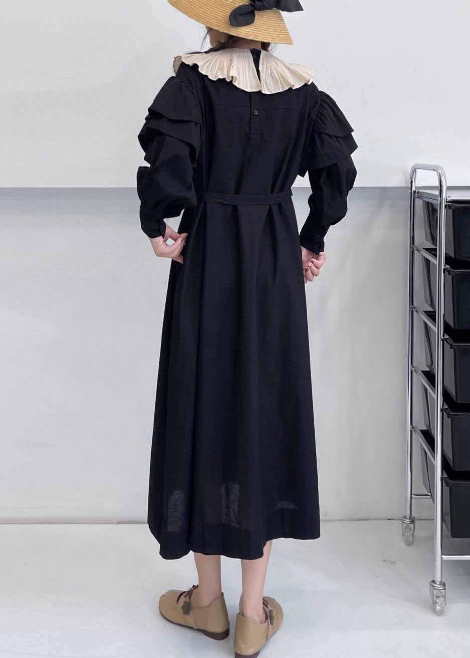 Black Solid Pockets Cotton Dress Ruffled Summer NN027 shopify