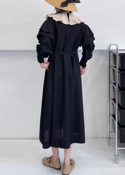 Black Solid Pockets Cotton Dress Ruffled Summer NN027 shopify