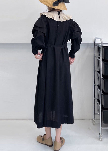 Black Solid Pockets Cotton Dress Ruffled Summer NN027 shopify