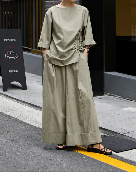 Casual Cotton Top Drawstring Sleeve Khaki Half Asymmetrical FashionChic