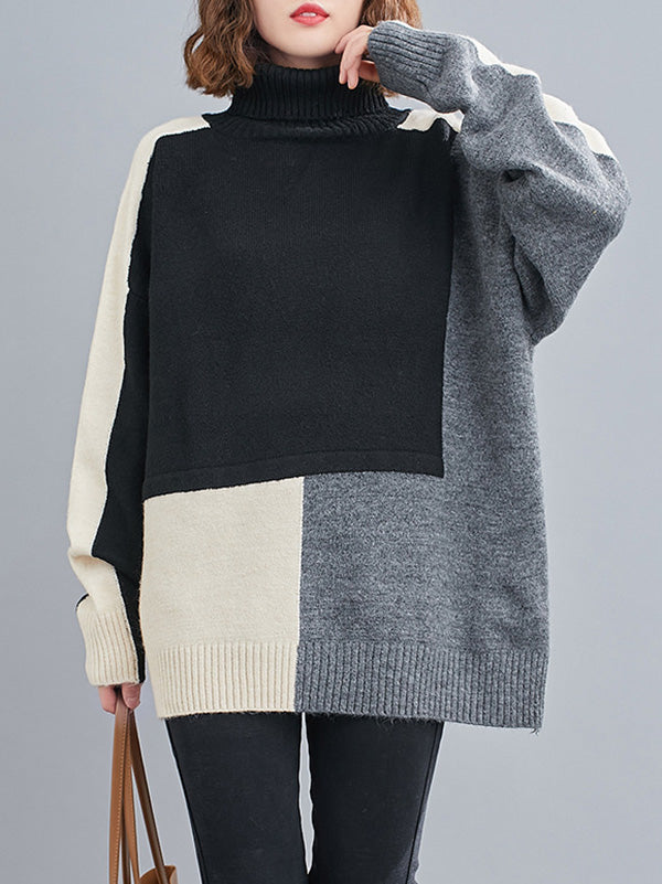 Stylish Grey High-Neck Color-block Long Sleeve Knit Sweater AN1043 Genistyle Shop