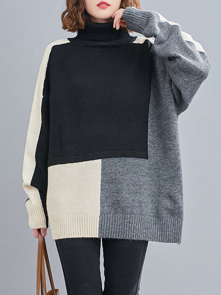 Stylish Grey High-Neck Color-block Long Sleeve Knit Sweater AN1043 Genistyle Shop