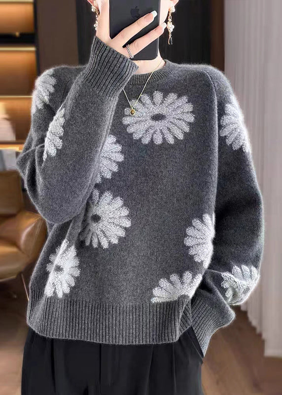 Loose Coffee O-Neck Print Wool Knit Sweaters Fall QP043 OL-NTP241001