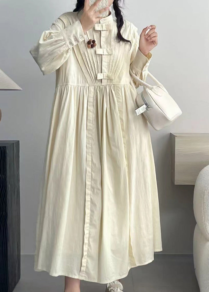 Elegant Beige Wrinkled Button Cotton Dresses Long Sleeve NN028 shopify