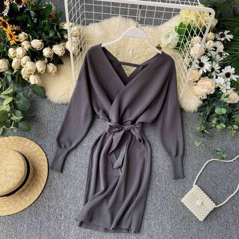 Elegant Beige V Neck Tie Waist Long Batwing Sleeve Dress AR1021 shopify