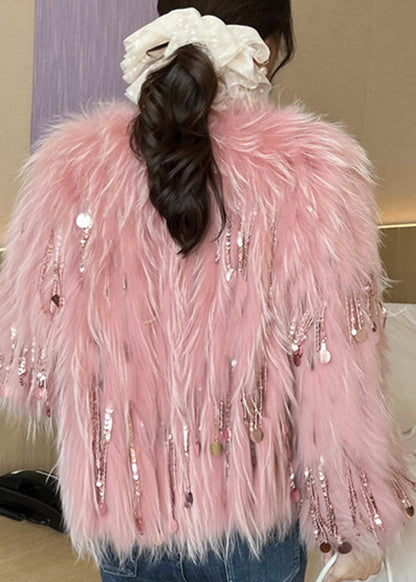 Cute Pink O-Neck Tassel Leather And Fur Coats Winter WV032 ABC