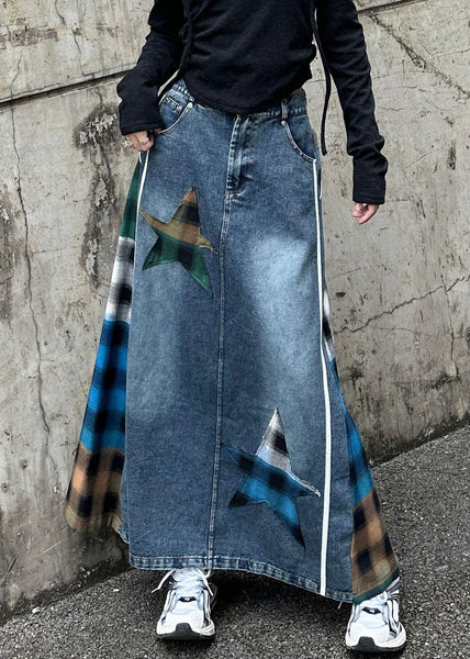 High Loose Waist Plaid Patchwork Spring Blue Skirt Denim FashionChic