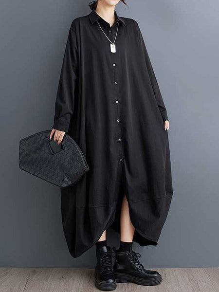 Stylish Black Lapel Buttoned Pockets A-Line Petal Hem Long Sleeve Shirt Dress TW015 ABC