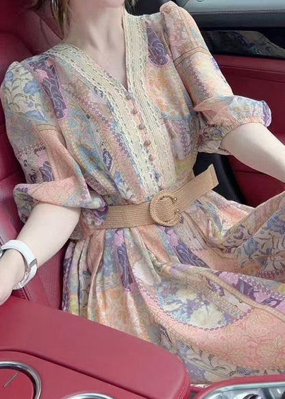 Chic V Neck Print Sashes Mid Dress Half Sleeve QP054 OL-SDM241001