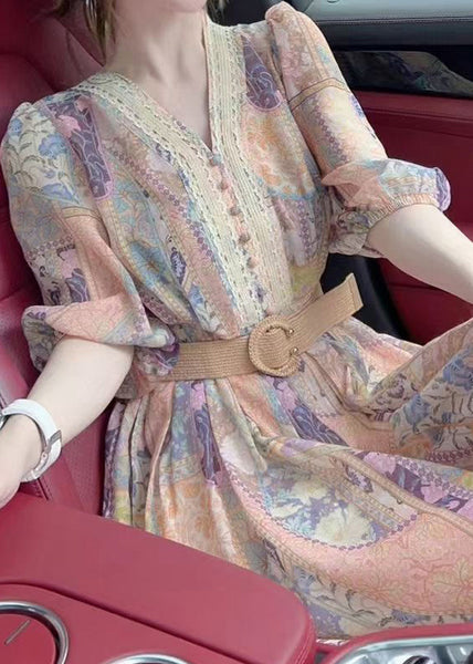 Chic V Neck Print Sashes Mid Dress Half Sleeve QP054 OL-SDM241001