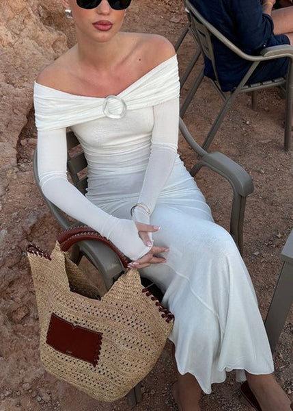 Spring Dresses Side White Slash Neck Slim Cotton Fit Open Long FashionChic