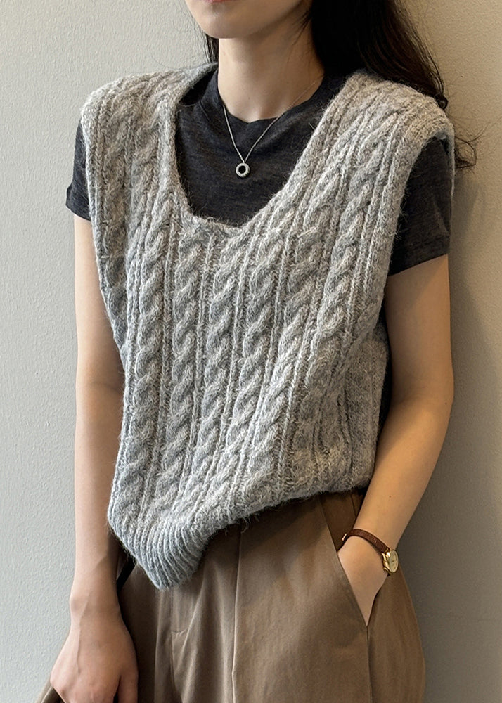 Women Light Green U Neck Cable Knit Vest Sleeveless WD001 HS-VTP241103