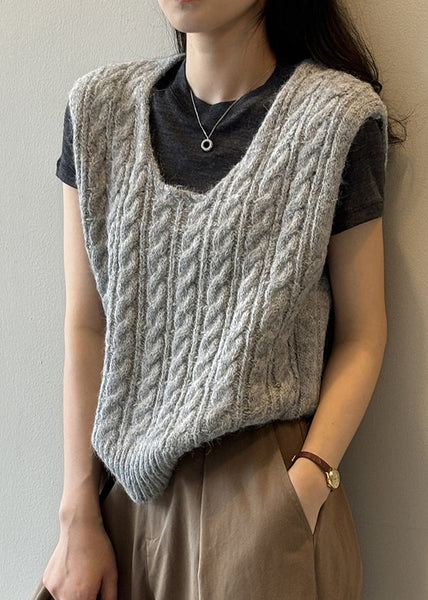 Women Light Green U Neck Cable Knit Vest Sleeveless WD001 HS-VTP241103