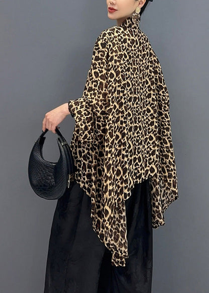 Fashion Leopard Stand Collar Asymmetrical Design Tops Fall AO1007 JDML-LTP240909