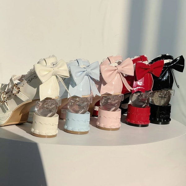 High Sweet Black Lace Bow Lolita Heel Cake-shaped Platform - Embellishments Heels with Edging FashionChic