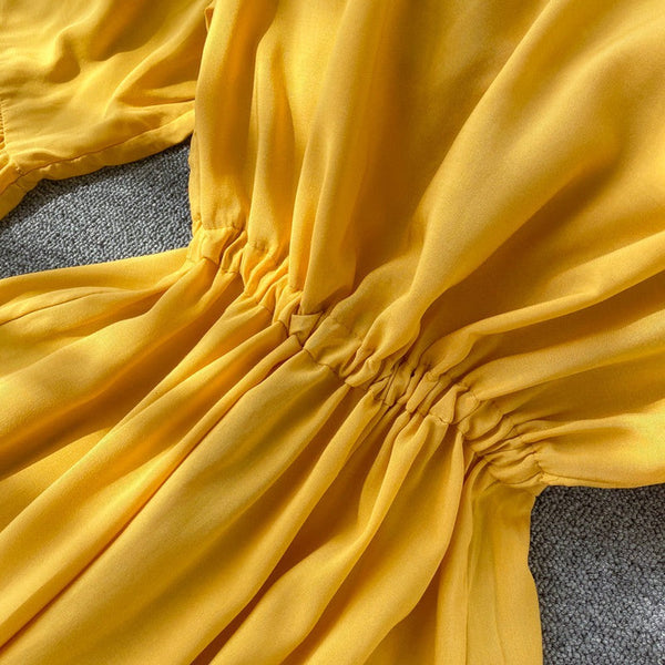 Ethnic Yellow V-Neck Embroidery Drawstring Waist Trumpet Sleeve Dress AR1008 shopify