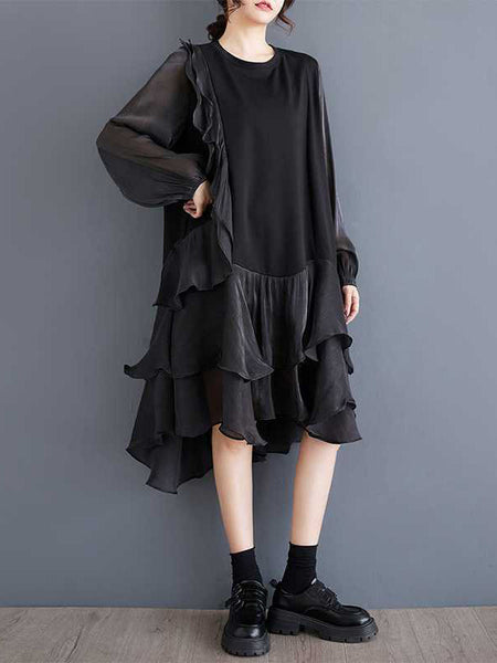 Chic Black Round-Neck Patchwork Contrast Color Ruffle Trim High-Low Long Sleeve Dress TW019 ABC