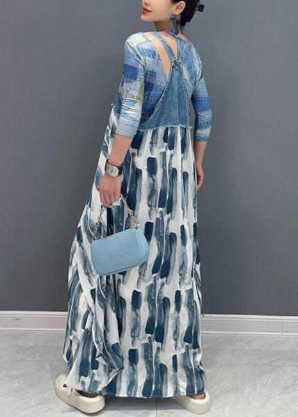 Art Blue Print Pockets Patchwork Long Dress Sleeveless AR1034 JDML-240823