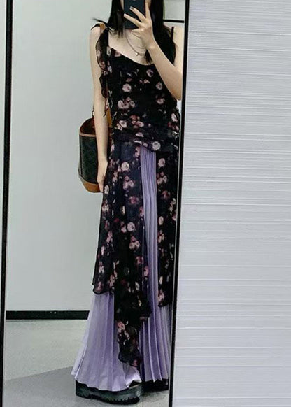 Bohemian Black Ruffled Print Chiffon Two-Piece Set Sleeveless QP030 OL-TPIEC241001