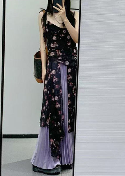 Bohemian Black Ruffled Print Chiffon Two-Piece Set Sleeveless QP030 OL-TPIEC241001