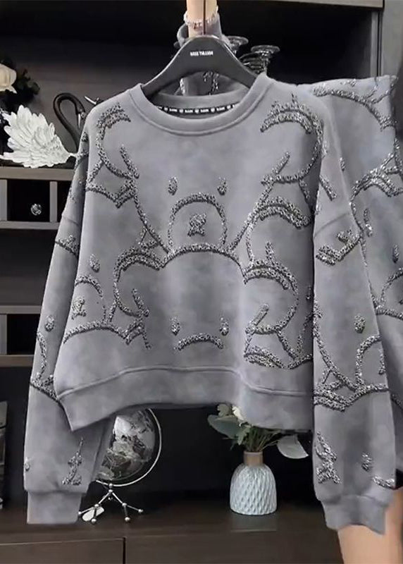 Fashion Grey O-Neck Sequins Sweatshirt Fall WD035 OL-NTP241103