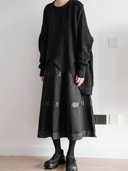 Original Loose Black Round-Neck Batwing Sleeve Irregular Hem Knit Sweater AN1037 Genistyle Shop
