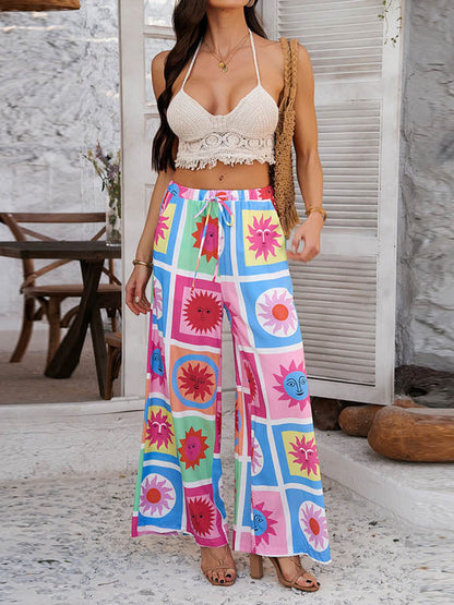 Waist High Colorful Pockets Pants Drawstring Vacation Straight FashionChic